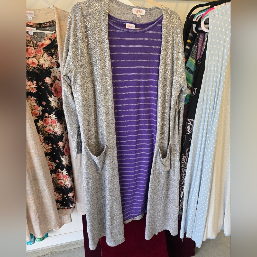 Purple Striped Julia Dress with Elegant Silver Long Cardigan